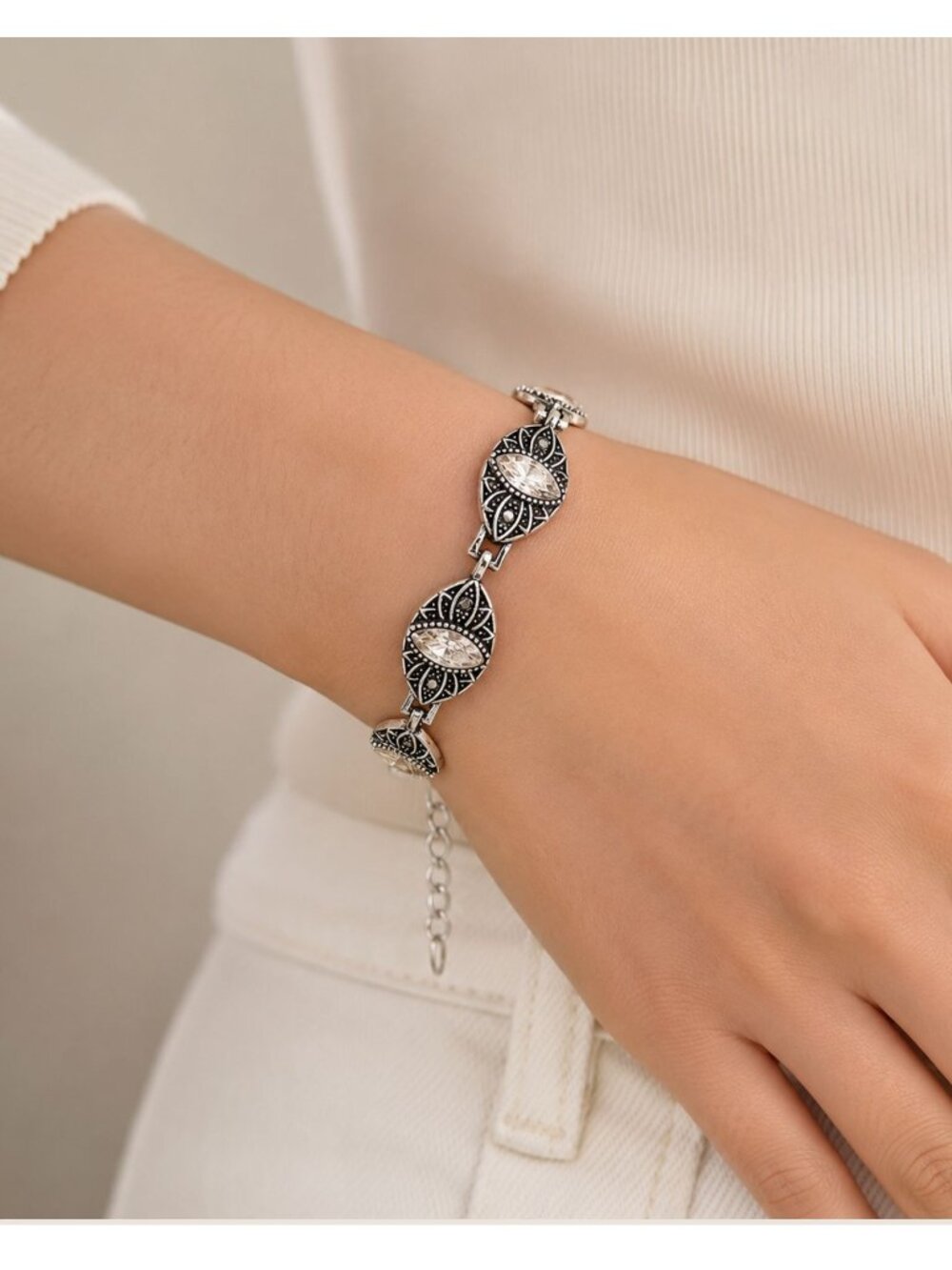 Silver Tone Marquise Rhinestone Bracelet Elegant Hematite Black Detail